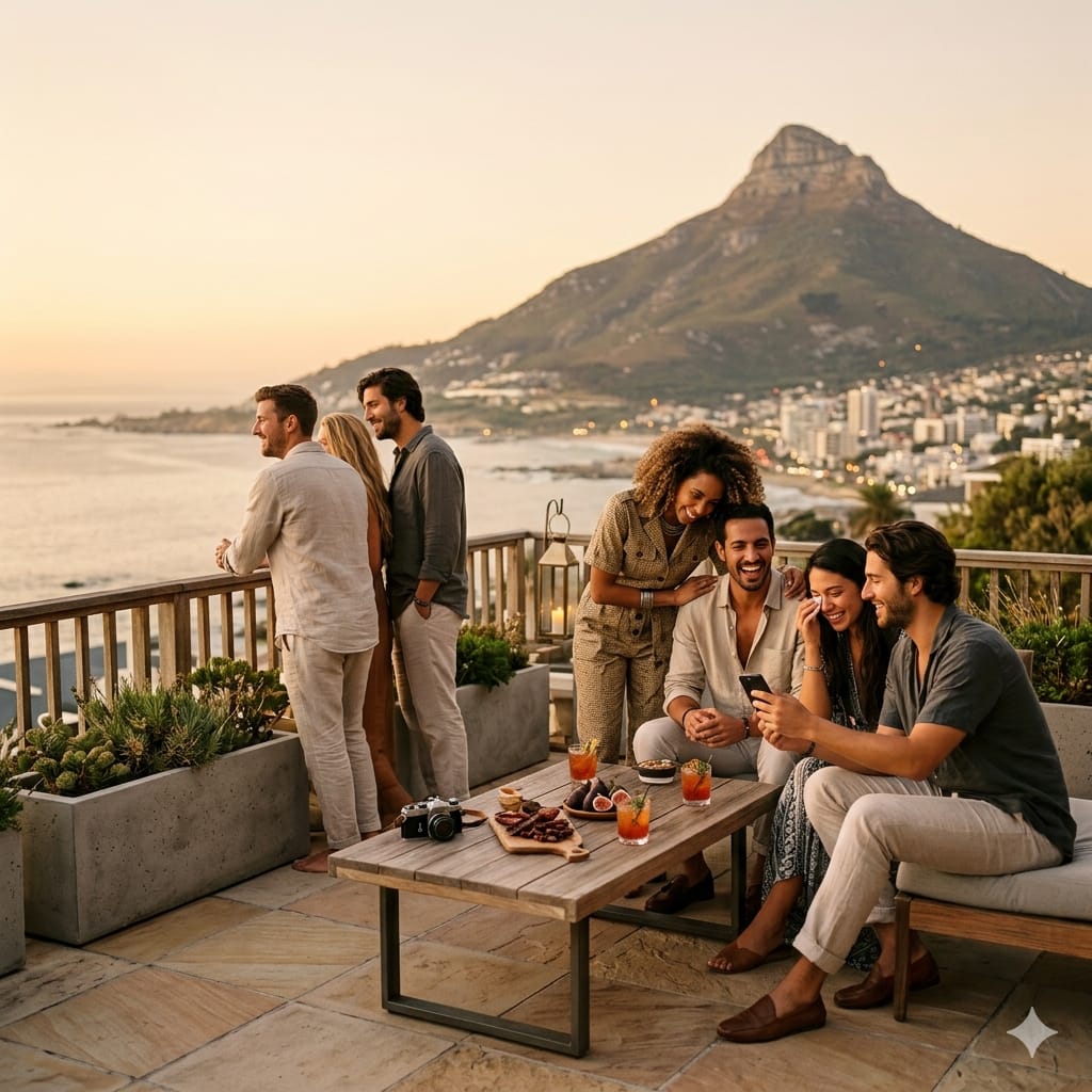 ​Young travelers on a Cape Town terrace at golden hour, representing a 9 day south africa trip cost 2026.