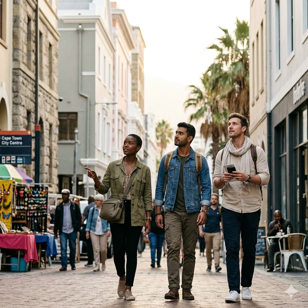 Young travelers staying alert in a city scene showing common tourist scams in South Africa