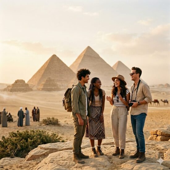 A group of stylish young adult travelers laughing together during golden hour, capturing the perfect vibe of visiting the Pyramids in December 2026 for young adults.