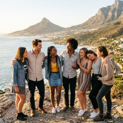 Young travelers enjoying South Africa group trips 2026 with the Cape Town coastline in the background