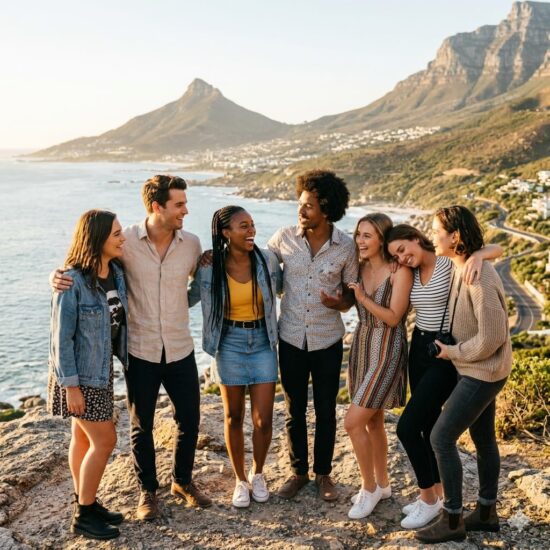 Young travelers enjoying South Africa group trips 2026 with the Cape Town coastline in the background