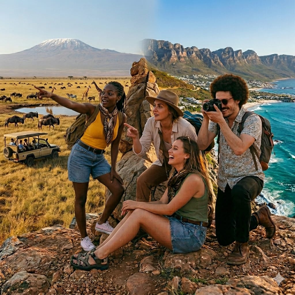 Young travelers comparing Kenya South Africa trips during unforgettable group travel experiences in 2026