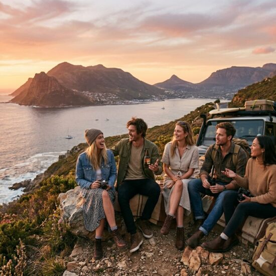 A group of stylish young adults enjoying a golden hour sunset over Cape Town's coastal cliffs during a September South Africa travel adventure.