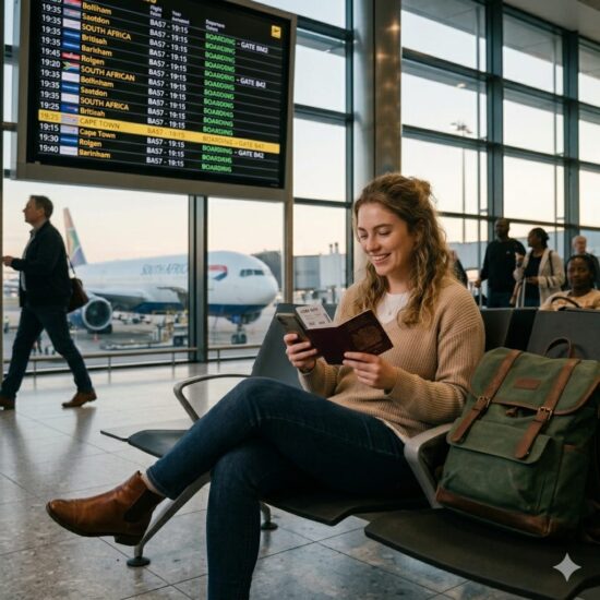 ​A woman smiles while checking her passport and phone, sitting in an airport terminal in front of a flight status board to book flights for a September trip.