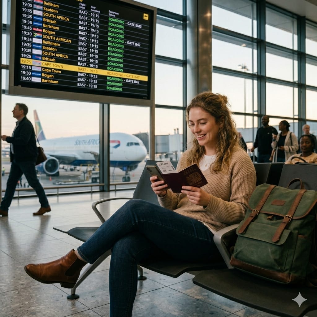 ​A woman smiles while checking her passport and phone, sitting in an airport terminal in front of a flight status board to book flights for a September trip.