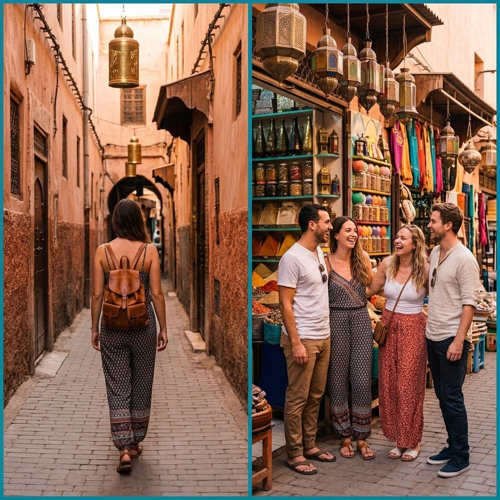 A square split-panel image (diptych) contrasting 'solo travel vs group travel Morocco,' with a lone woman exploring a medina on the left and a group of friends interacting in a bustling souk on the right.
