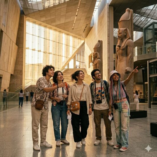 A group of five young budget travelers looks on in awe at monumental statues inside the massive atrium of the grand Egyptian Museum, demonstrating that the experience is accessible on any grand Egyptian Museum budget.