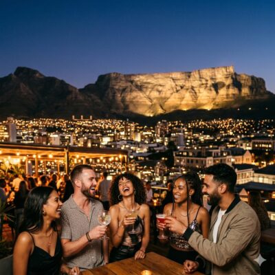 A diverse group of young travelers laughing and toasting with cocktails on a lively Cape Town rooftop bar at twilight, showcasing the vibrant capetown nightlife social scene for young travelers with Table Mountain as the backdrop.