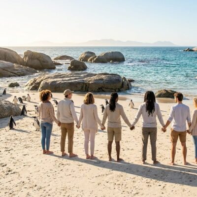 A supportive group of young travelers holding hands in a line on Boulders Beach, easing south africa group tour anxiety through shared connection.