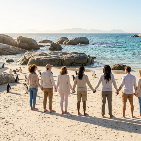 A supportive group of young travelers holding hands in a line on Boulders Beach, easing south africa group tour anxiety through shared connection.