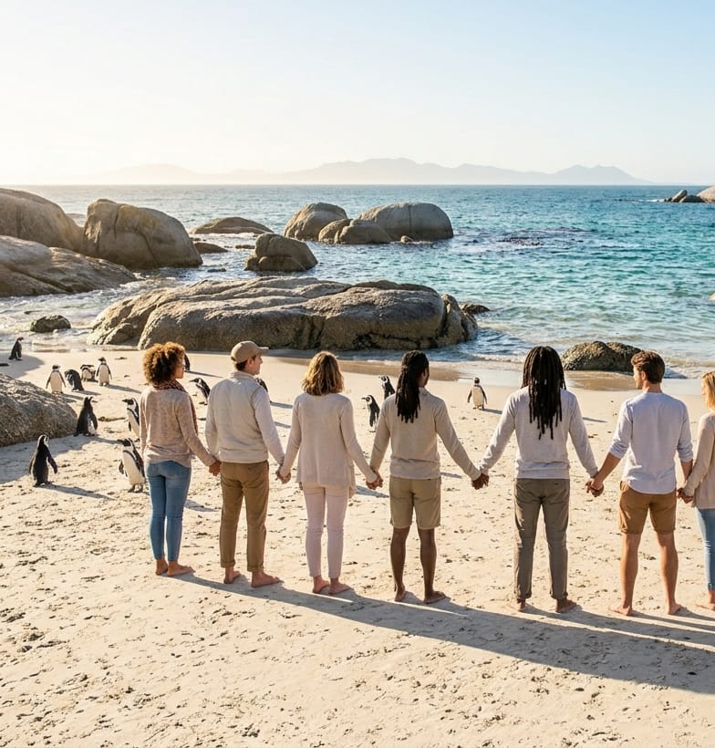 A supportive group of young travelers holding hands in a line on Boulders Beach, easing south africa group tour anxiety through shared connection.