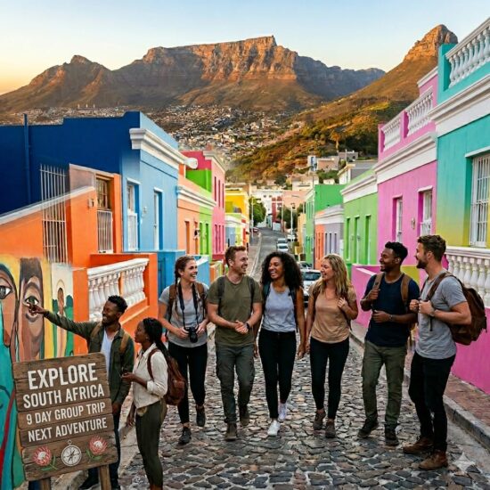 A group of diverse young travelers walks down a colorful cobbled street in Bo-Kaap during a 9 day South Africa group trip with Table Mountain in the background.