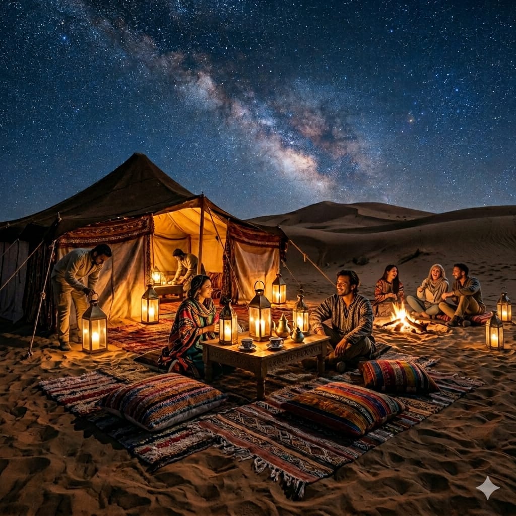 A diverse group of travelers relaxing at a luxurious desert camp, showcasing a memorable Sahara desert glamping experience under a spectacular Milky Way-filled night sky in Morocco.