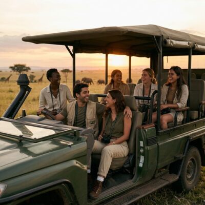 A diverse group of friends sharing a moment of laughter during a sunset safari in an open-sided vehicle in Kenya, illustrating the joy of group travel as contrasted in an article about solo travel vs group travel in Kenya.