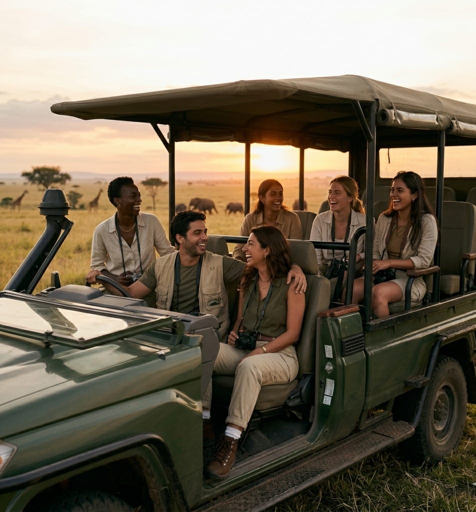 A diverse group of friends sharing a moment of laughter during a sunset safari in an open-sided vehicle in Kenya, illustrating the joy of group travel as contrasted in an article about solo travel vs group travel in Kenya.