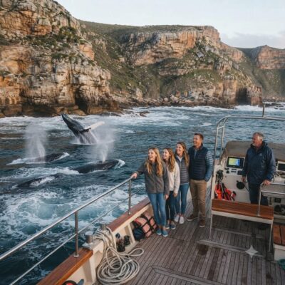 ​A group of travelers on a boat tour experiencing Cape Town September whale watching, with Southern Right whales breaching in the ocean near the dramatic, wildflower-lined cliffs of Hermanus.