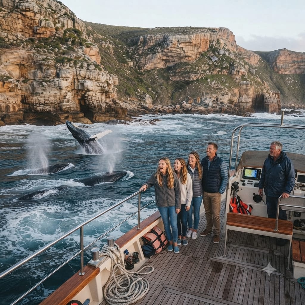 A group of travelers on a boat tour experiencing Cape Town September whale watching, with Southern Right whales breaching in the ocean near the dramatic, wildflower-lined cliffs of Hermanus.
