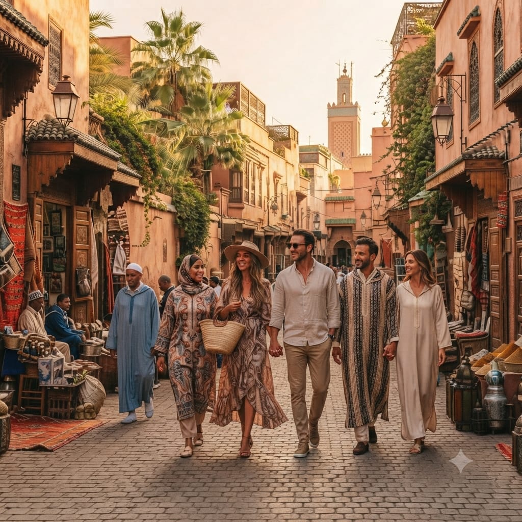 A group of smiling friends in a mix of traditional and modern clothing walking through a sunlit Marrakech souk, illustrating why spring is often considered the best month to visit Morocco.