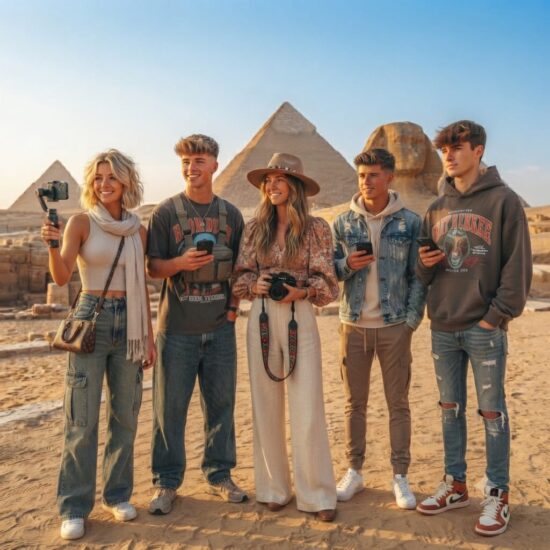 ​A group of five young travelers with modern cameras and smartphones smiling on the Giza Plateau in front of the Great Pyramids and Sphinx. This image answers the question: is egypt good to visit for young adventurers.