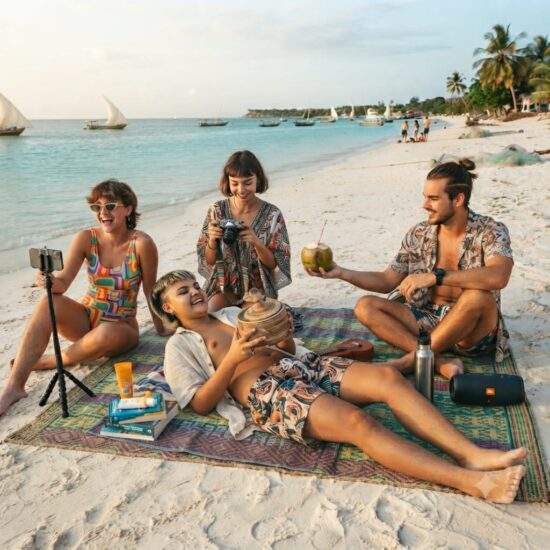A group of four young friends laughing and relaxing on a woven mat on a white sand beach in Zanzibar. In the background are turquoise waters, traditional dhow sailboats, and palm trees, showing that is Zanzibar worth the cost for a tropical vacation.