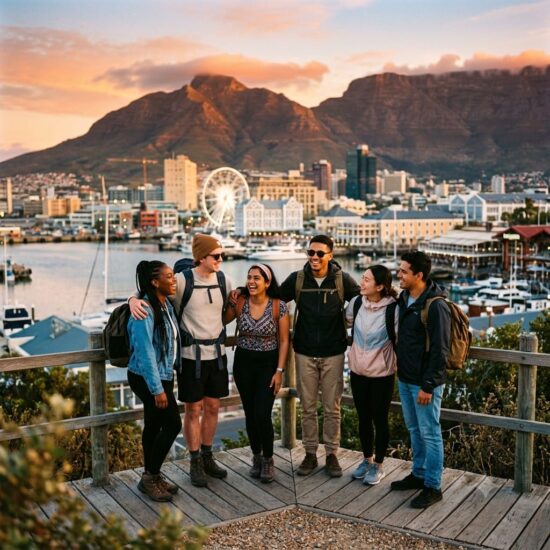 A diverse group of young travelers laughing together at a scenic sunset viewpoint overlooking the V&A Waterfront, highlighting community connection and tips for staying safe in Cape Town.