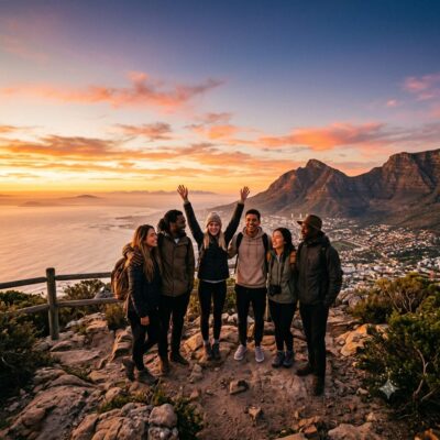 A diverse group of six smiling young friends stands on a scenic overlook, embracing and raising arms, posing for a photo while watching the sunset at Signal Hill Cape Town with Table Mountain in the background.