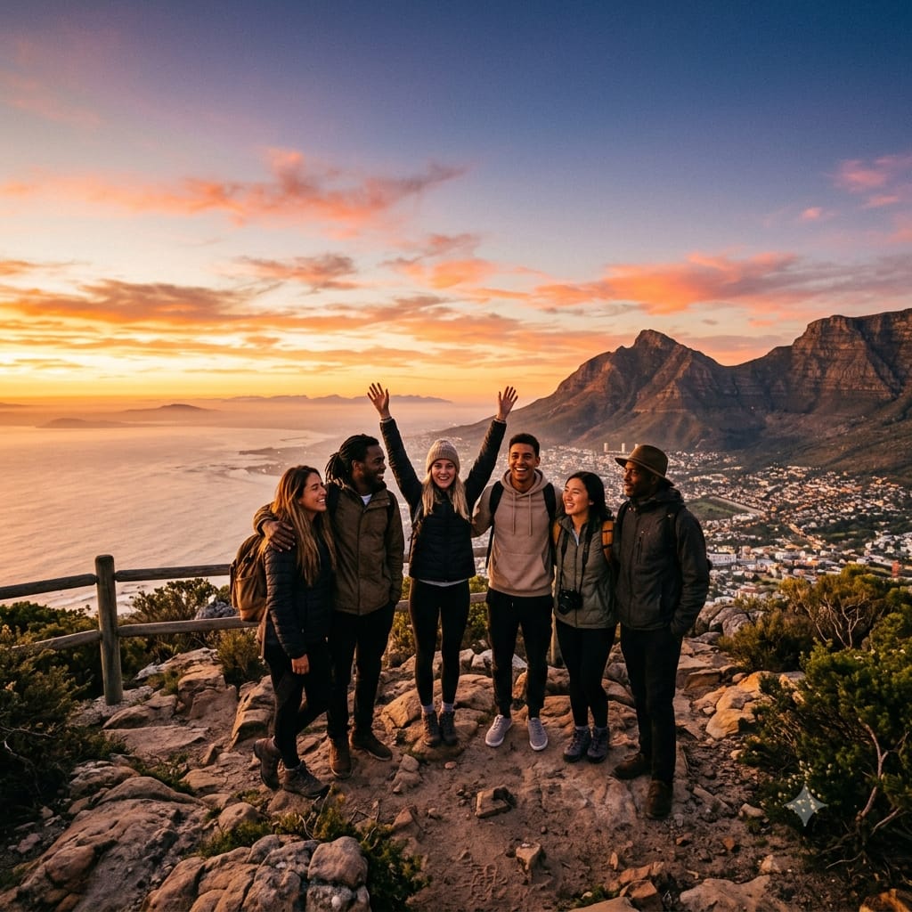 A diverse group of six smiling young friends stands on a scenic overlook, embracing and raising arms, posing for a photo while watching the sunset at Signal Hill Cape Town with Table Mountain in the background.