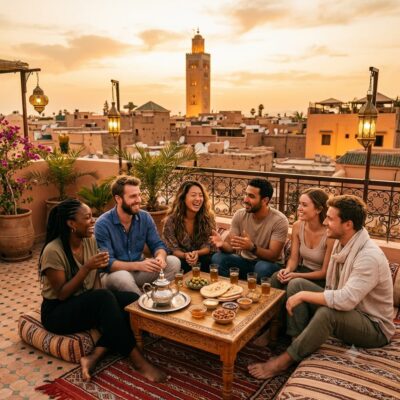 ​A diverse group of young travelers laughing around a tea table on a Marrakech riad rooftop during golden hour, illustrating what to expect Kito Afrika Morocco tours.