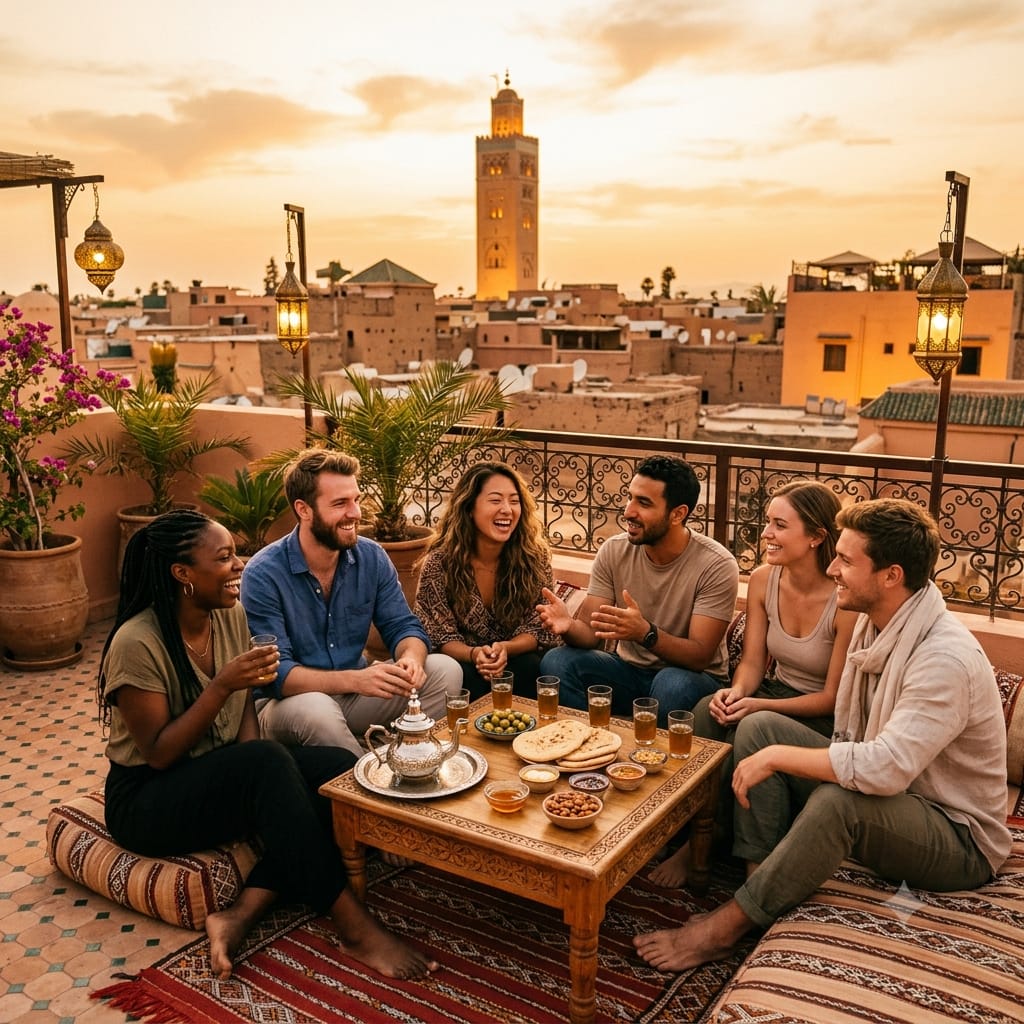 A diverse group of young travelers laughing around a tea table on a Marrakech riad rooftop during golden hour, illustrating what to expect Kito Afrika Morocco tours.