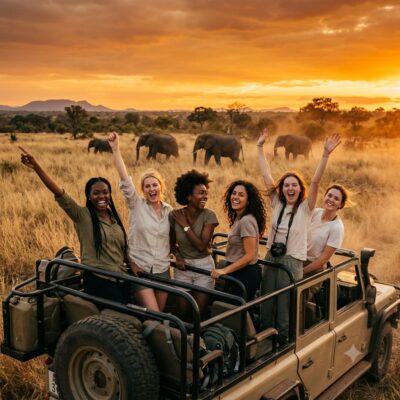 A group of six diverse women celebrating on an open safari jeep at sunset, viewing elephants to book September South Africa escape.
