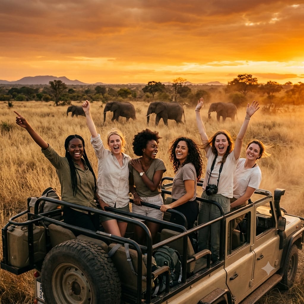A group of six diverse women celebrating on an open safari jeep at sunset, viewing elephants to book September South Africa escape.