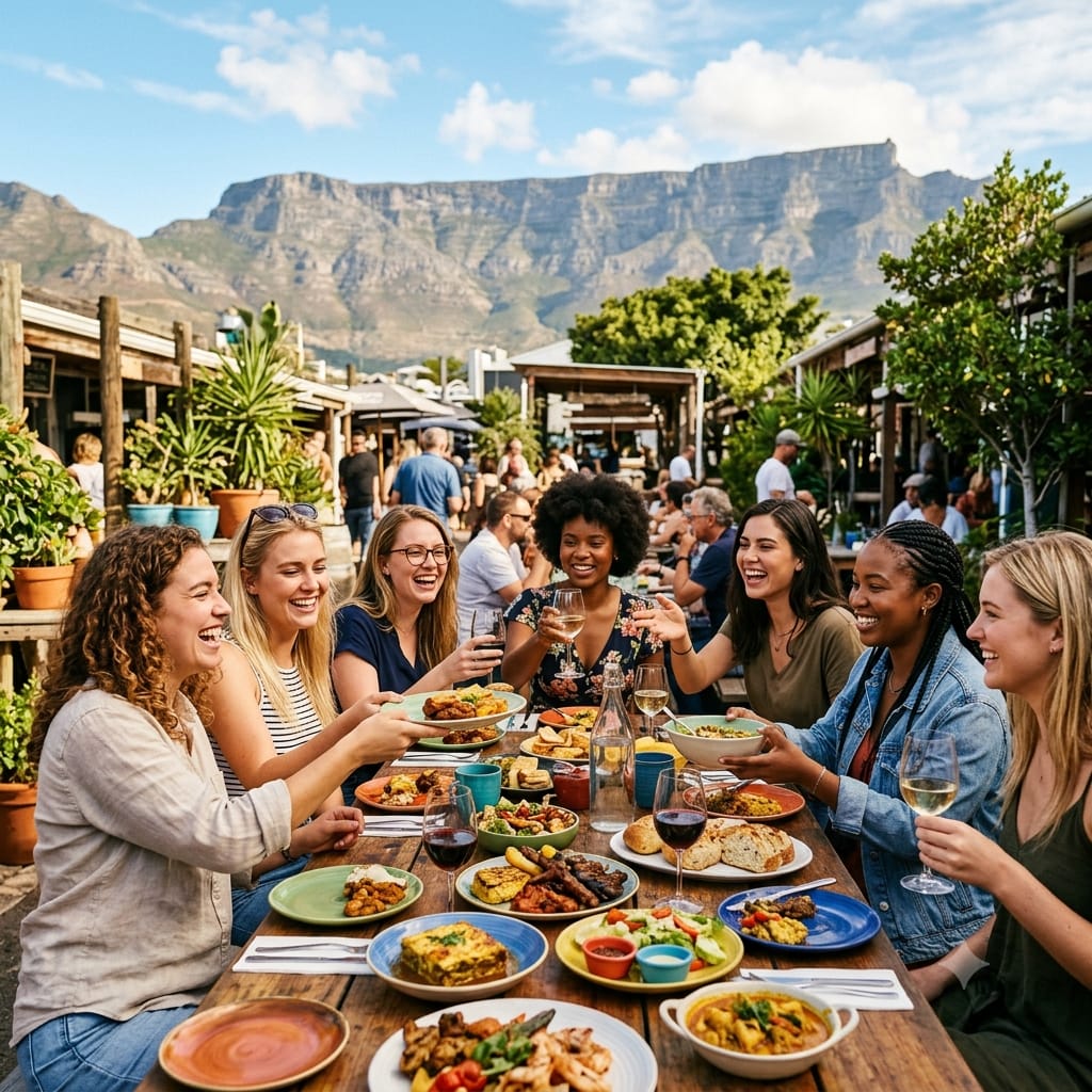 Seven young women enjoy a shared meal outdoors in Cape Town, illustrating the real cost South Africa trip experience with affordable food.