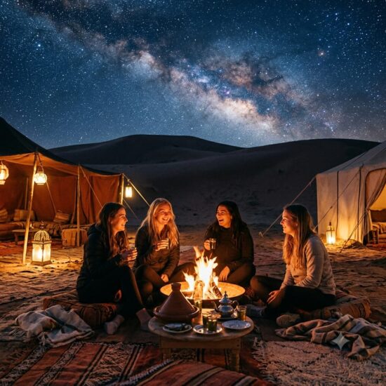 Four young women on a Morocco group trip worth it, sitting around a bonfire drinking mint tea in a Saharan desert camp under a vibrant Milky Way sky.