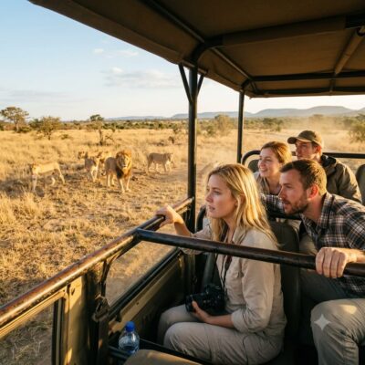 ​A group of tourists in an open-sided safari vehicle in the African savanna during the dry spring or early summer safari season, watching a magnificent pride of lions with a large male and females under a golden sunset sky.