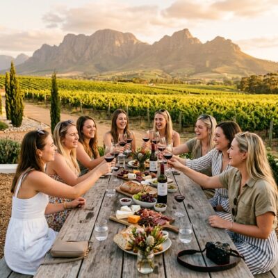 A diverse group of friends laugh and raise a glass for a toast while enjoying a beautiful sunset wine tasting in Stellenbosch, South Africa, surrounded by rolling vineyards and dramatic mountains.