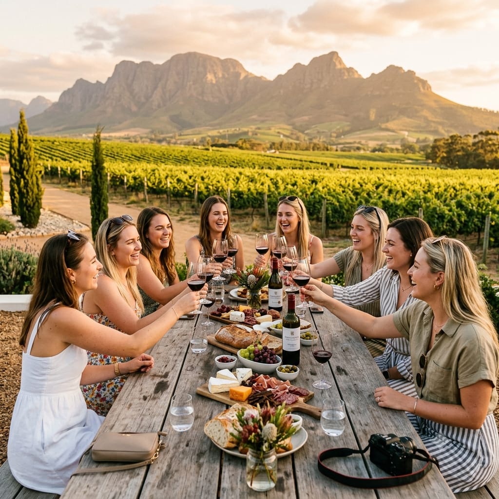 A diverse group of friends laugh and raise a glass for a toast while enjoying a beautiful sunset wine tasting in Stellenbosch, South Africa, surrounded by rolling vineyards and dramatic mountains.