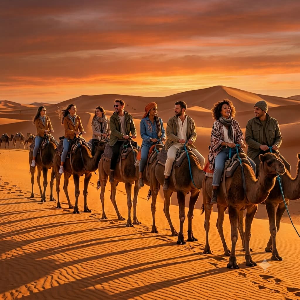 A diverse group of travelers rides a train of camels across textured sand dunes in the Moroccan Sahara Desert during a dramatic orange sunset, representing the final seats November Morocco squad tour.