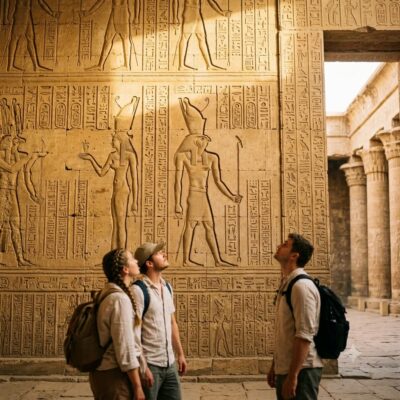 Travelers gazing in awe at ancient hieroglyphic wall carvings of Horus inside the Edfu Temple on an Egypt group travel tour.