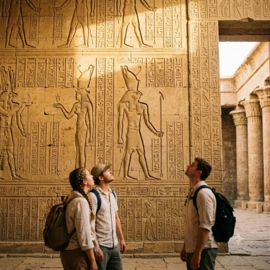 Travelers gazing in awe at ancient hieroglyphic wall carvings of Horus inside the Edfu Temple on an Egypt group travel tour.