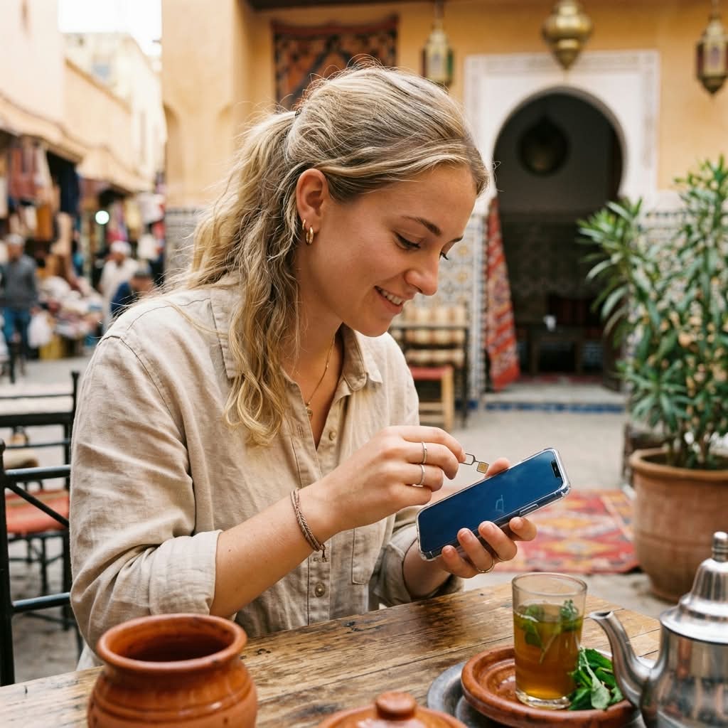 Young traveler inserting a Morocco SIM card into her smartphone at a street cafe in Morocco to stay connected while traveling.
