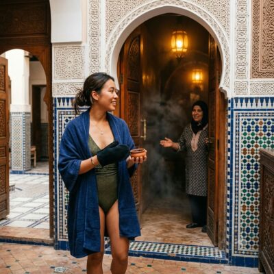 A woman holds a scrubbing mitt and soap pot while being welcomed into a traditional bathhouse, illustrating Morocco hammam etiquette.
