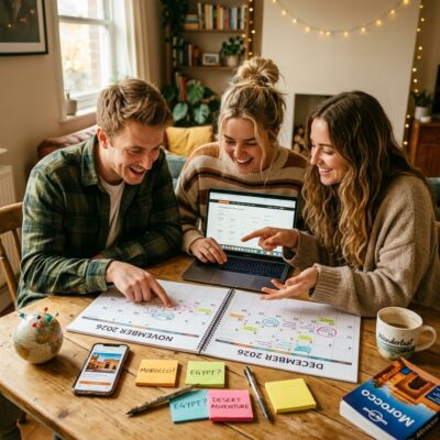 Three friends smiling and excitedly pointing at a November and December 2026 calendar and laptop, planning their end of year trios Africa vacation to Morocco with Kito Afrika.