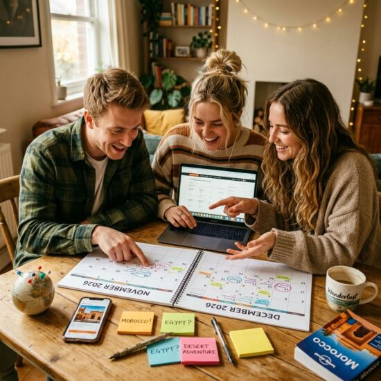 Three friends smiling and excitedly pointing at a November and December 2026 calendar and laptop, planning their end of year trios Africa vacation to Morocco with Kito Afrika.