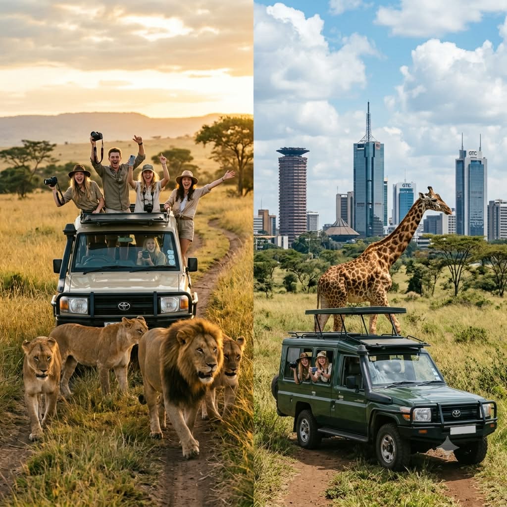 Split image comparing a remote safari in the Maasai Mara vs a urban safari in Nairobi National Park, featuring lions and giraffes with a city skyline.