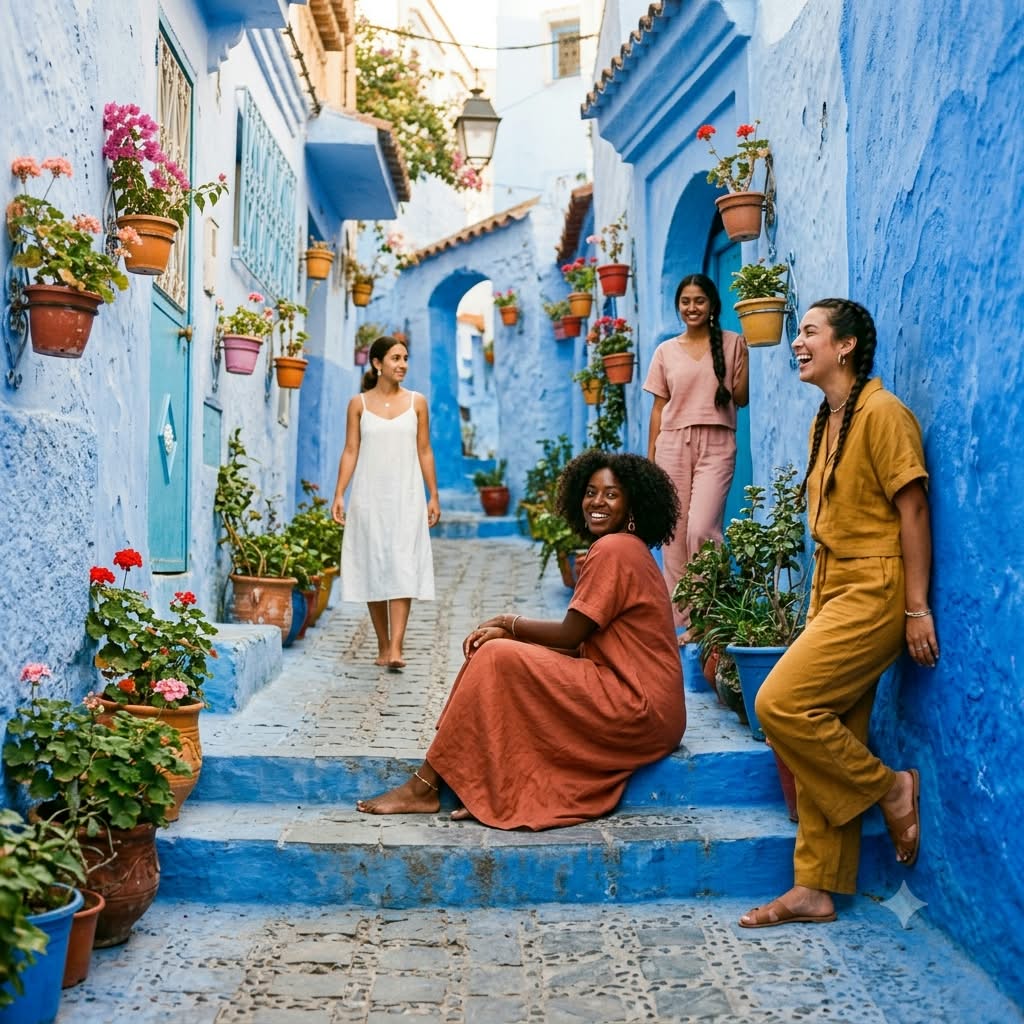 A group of four friends in a Chefchaouen street, illustrating a casual, boho-chic summer travel outfit guide with jumpsuits and maxi dresses against the blue walls.