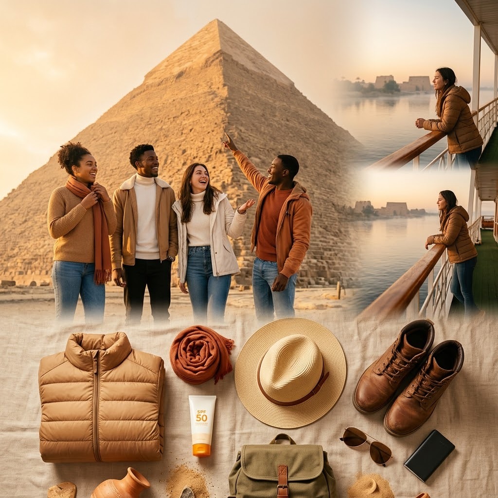 ​A composite image serving as a packing guide Egypt winter Pyramids, showing four friends at Giza, a woman on a Nile cruise, and laid-out clothing like a puffer vest, scarf, hat, and boots.