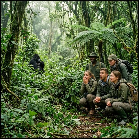 A group of tourists in Bwindi observing a mountain gorilla next to an information board comparing Uganda vs Rwanda gorilla trekking.