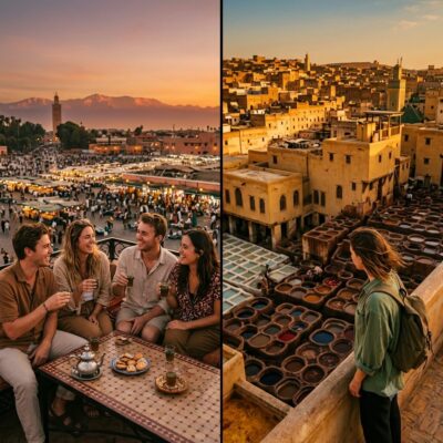 Split rooftop view highlighting Fes vs Marrakech Moroccan imperial city travel experiences with young travelers at sunset.