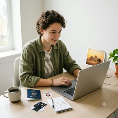 Traveler at a clean wooden desk completing an online application following an egypt visa arrival evisa guide.