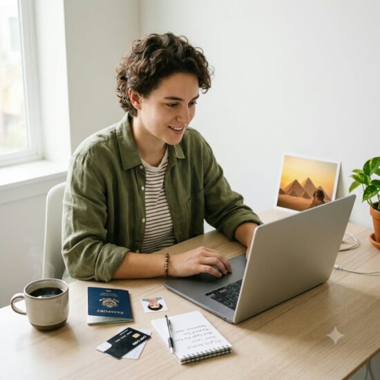 Traveler at a clean wooden desk completing an online application following an egypt visa arrival evisa guide.
